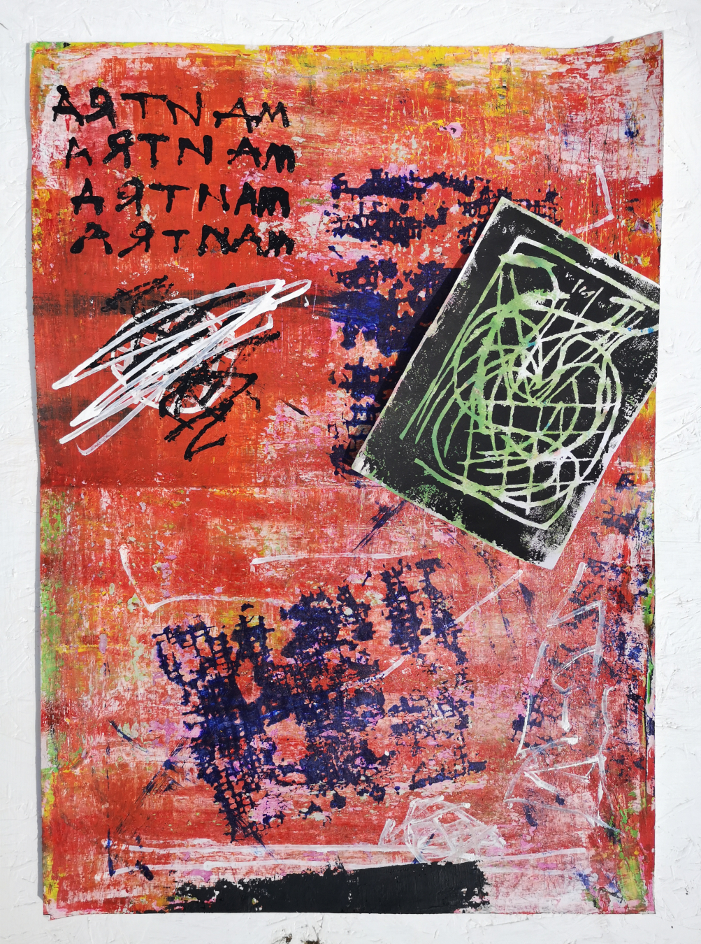 David Hicks // Acrylic, spray paint and industrial pen on paper with mono print work attached